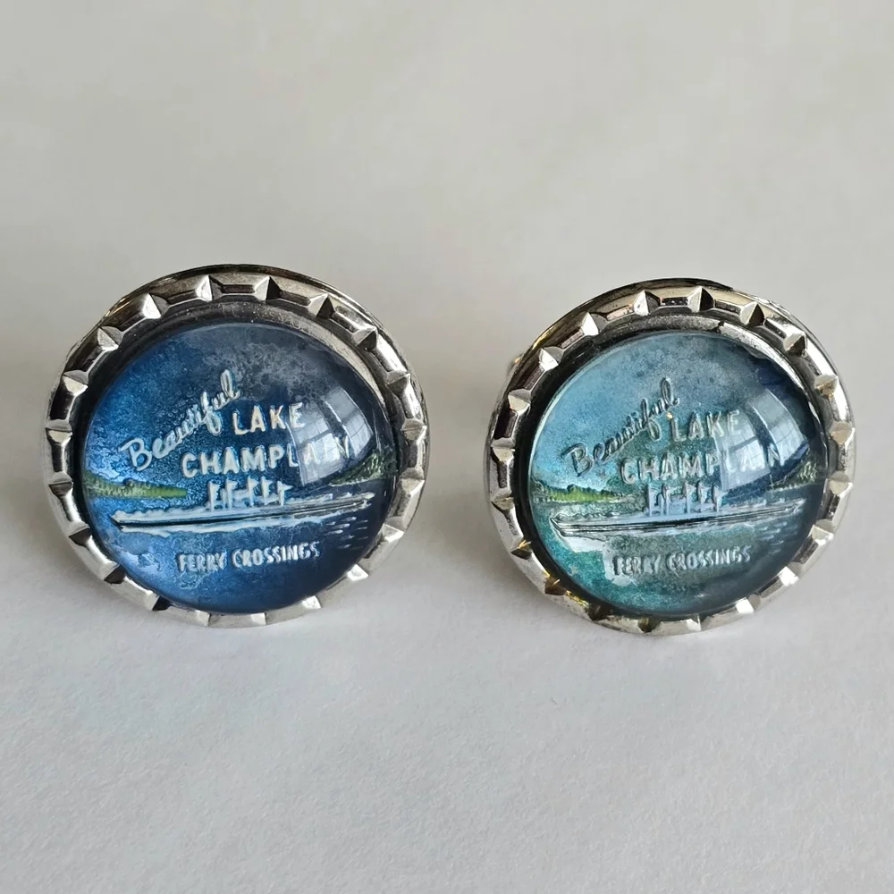 Vintage cuff links Lake Champlain Ferry Crossings silver tone bubble dome